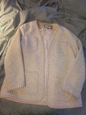 Dalu Studio Chanel Style Ivory Boucle Open Jacket With Gold Accents, Sz XS